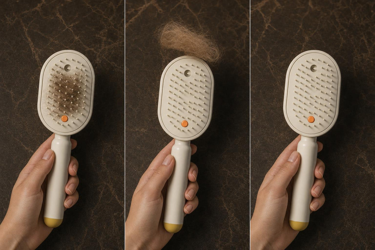 Cepillo de masaje con bruma: autolimpieza con un botón, de púas con pelo a púas limpias